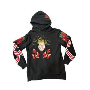 Reason Black Embroidered Hoodie Roses Birds Graphic Pullover Size L